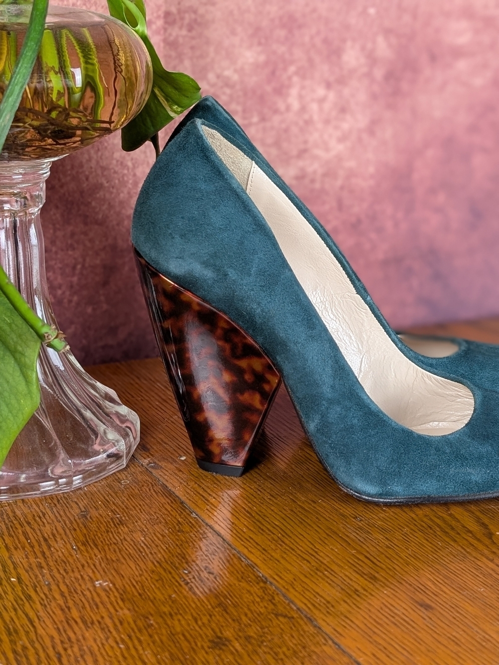 Ramon Tenza Teal Suede Sculptural Heel Pumps | Tortoise Lucite Heels | EU 40 (9)